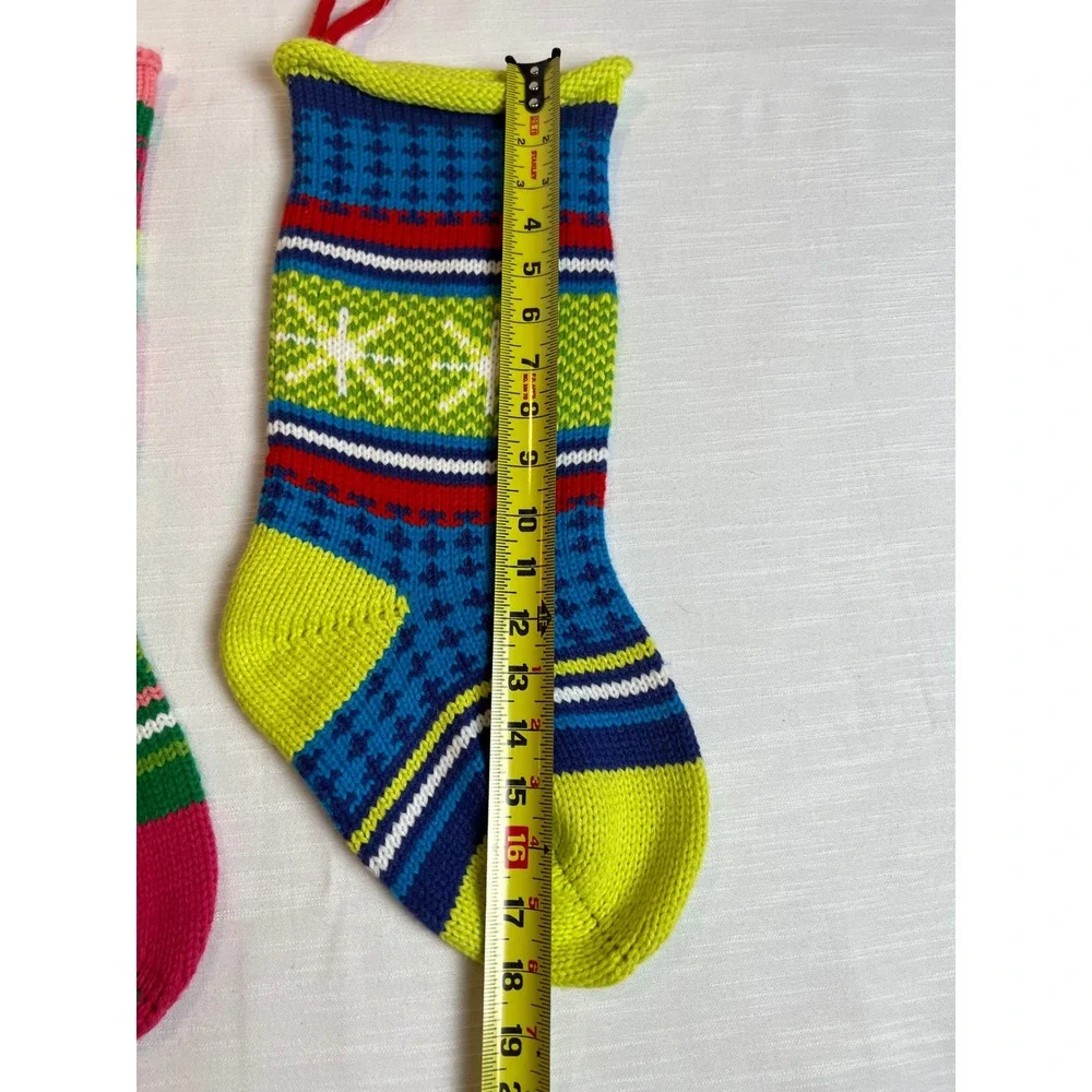 Set of 2 Colorful Knit Christmas Stockings Snowflake Stripes Pink Blue Green